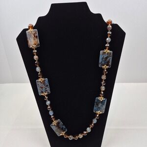 Joan Rivers‎ 39" Long Beaded Necklace Statement Blue Brown Gold Tone Signed